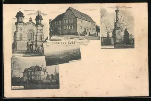AK Sulz u. Wald, Synagogue, Gasthaus zum Rössl, Schloss Binder, Kriegerdenkmal