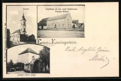 AK Krautergersheim, Gasthaus Zu den zwei Schlüsseln, Inh. Eduard Weber, Kirche, Göthe Lilli`s Grab