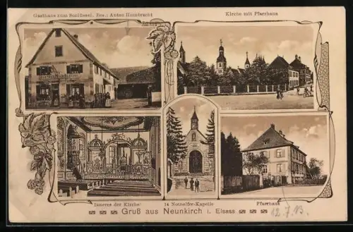 AK Neunkirch i. Elsass, Gasthaus zum Schlüssel, Bes. Anton Humbrecht, Kirche mit Pfarrhaus