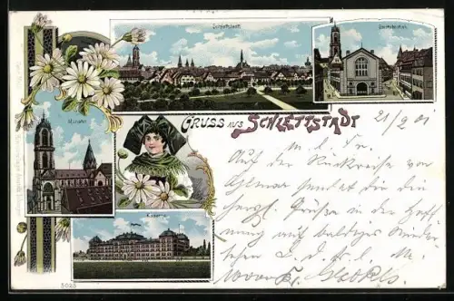 Lithographie Schlettstadt, Münster, Kaserne, Stadtbibliothek