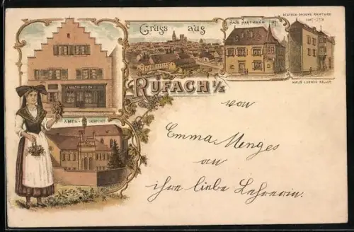 Lithographie Rufach i. E., Amtsgericht, Haus Hartmann, Haus Ludwig Keller, Dame in Tracht