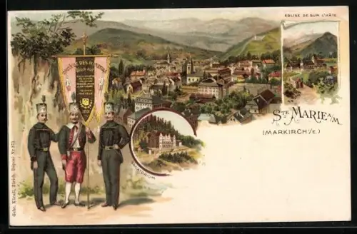 Lithographie Ste. Marie a. M., Vue générale avec soldats et blason des mineurs, Eglise