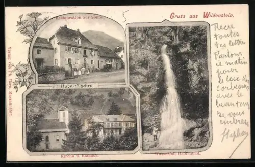 AK Wildenstein, Restaurant zur Sonne, Inh. Hubert Fischer, Kirche u. Rathaus, Wasserfall Heldenbad
