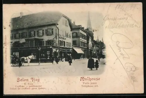 AK Mulhouse, Salon Fieg et scène de rue animée, Propr. E. Fieg