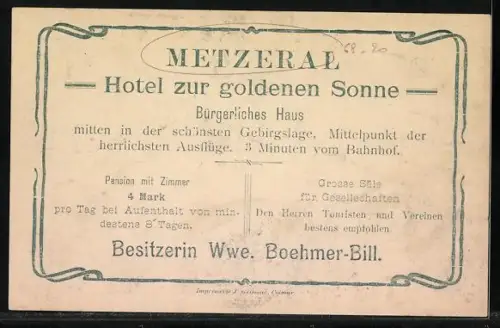 AK Metzeral, Hotel zur Goldenen Sonne, Inh. Ww. Boehmer, Ortsansicht im Tal