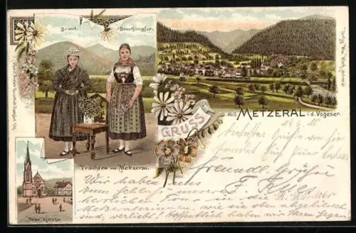 Lithographie Metzeral i. d. Vogesen, Neue Kirche, Trachten der Braut und Brautjungfer