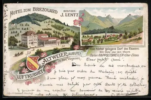 Lithographie Altweier in den Vogesen, Hôtel zum Brezouard, Bes. J. Lentz