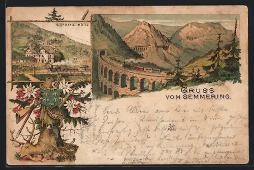 Lithographie Semmering, Hotel Stephanie, Panorama mit Eisenbahn