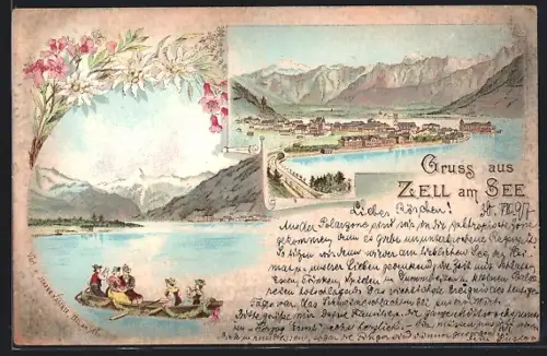 Lithographie Zell am See, Teilansicht, Uferpartie mit Boot