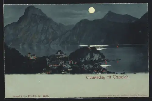 Mondschein-AK Traunkirchen, Teilansicht mit Traunstein