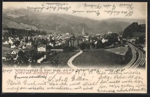 AK Kindberg im Mürzthal, Teilansicht mit Bahngleis