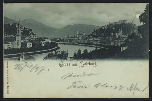 Mondschein-AK Salzburg, Panorama mit Festung