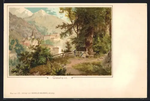 Lithographie Gastein, Blick zum Ort