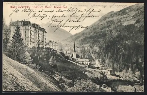AK Badgastein, Hotel Kaiserhof mit Kirche