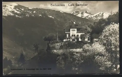 AK Badgastein, Café Gamskar mit Bergpanorama