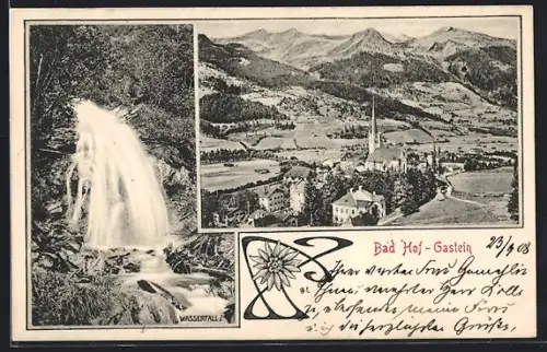 AK Bad Hof-Gastein, Wasserfall und Ortsansicht mit Kirche