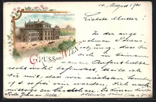 Lithographie Wien, Hofburgtheater mit Passanten