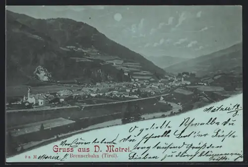 Mondschein-AK D. Matrei /Brennerbahn, Ortsansicht aus der Vogelschau