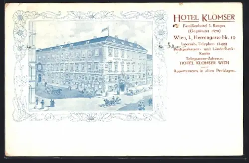 Künstler-AK Wien, Hotel Klomser mit Strasse aus der Vogelschau, Herrengasse 19