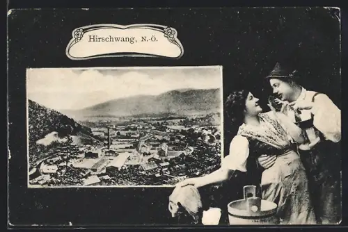 AK Hirschwang /N.-Ö., Totalansicht mit Fabrik, Trachtenpaar am Waschzuber
