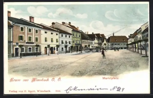 AK Wimsbach /O.-Ö., Marktplatz mit Brunnen, Panorama