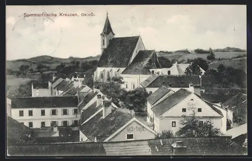 AK Kreuzen /Ob.-Ö., Ortspartie mit Kirche