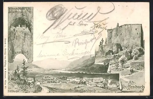Lithographie Teufenbach /Stmk., Teilansicht, Höhlenschloss Schallaun und Puxerloch, Alt-Teuffenbach