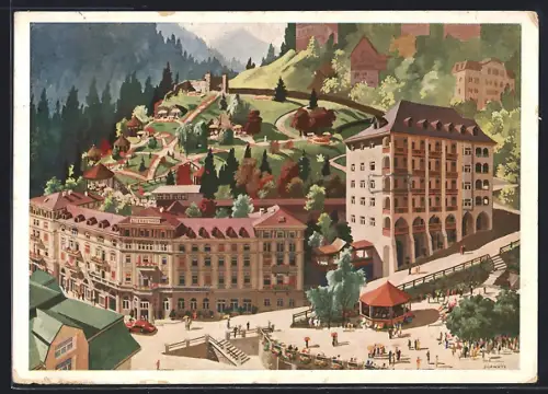 Künstler-AK Badgastein, Hotel Elisabethhof und Kurhaus Elisabethhof mit Strasse und Hotelpark aus der Vogelschau