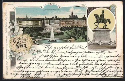 Lithographie Wien, Schwarzenbergplatz und -Monument, Blumen, Ornamente