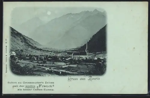 Mondschein-AK Rauris, Ortsansicht mit Kirche und Bergpanorama