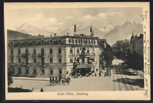 AK Salzburg, Hotel Pitter mit Vorplatz u. Strasse, Kutsche