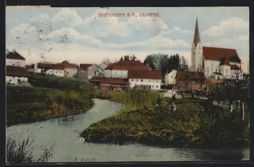 AK Taufkirchen /Ob.-Oest., Uferpartie an der Flussbrück beim Ortseingang
