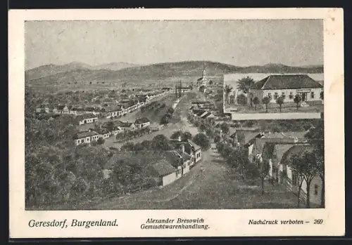 AK Gerersdorf /Burgenland, Gemischtwaren A. Bresowich, Ortsansicht mit Kirche