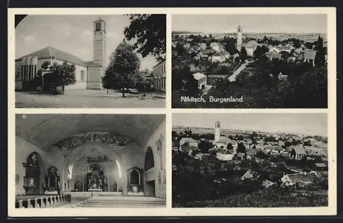 AK Nikitsch, Kirchenansicht von innen und aussen, Panorama