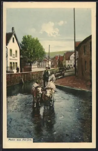 AK Orb, Motiv aus der Altstadt, Ochsenkarren im Ort