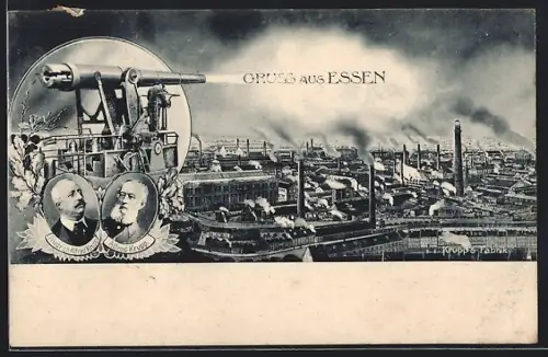 AK Essen, Krupps-Fabrik, Porträts Alfred und Friedrich Krupp