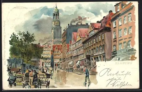 Lithographie Hamburg-Neustadt, Schaarmarkt mit Kirche