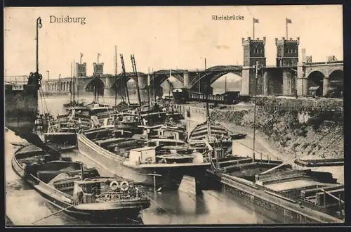 AK Duisburg, Rheinbrücke, Schiffe am Hafen