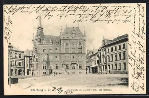 AK Oldenburg i. Gr., Marktplatz mit Marktbrunnen und Rathaus