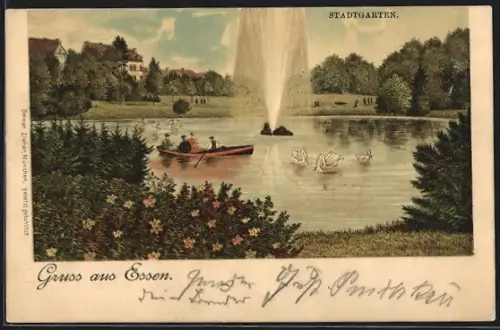 Lithographie Essen, Stadtgarten mit Fontaine