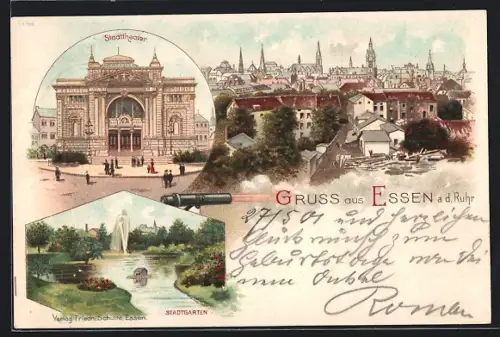Lithographie Essen, Stadttheater, Stadtgarten, Ortspanorama
