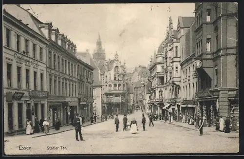 AK Essen, Strassenpartie am Steeler Tor mit Geschäften