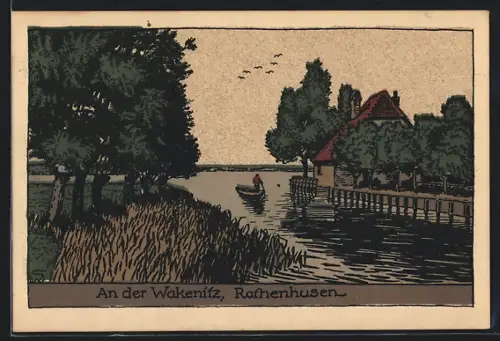 Steindruck-AK Rothenhusen, An der Wakenitz