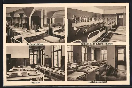 AK Farchau b. Ratzeburg, Kinderheim, Innenansichten Knabenschlafsaal, Waschraum und Speisesaal