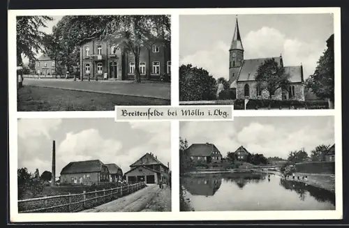 AK Breitenfelde bei Mölln, Kirche, Fabrikgebäude, Flusspartie