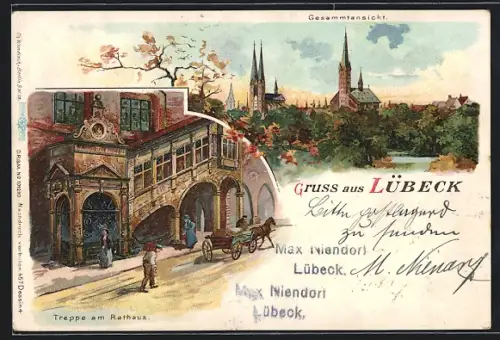 Lithographie Lübeck, Treppe am Rathaus, Herbstliches Panorama