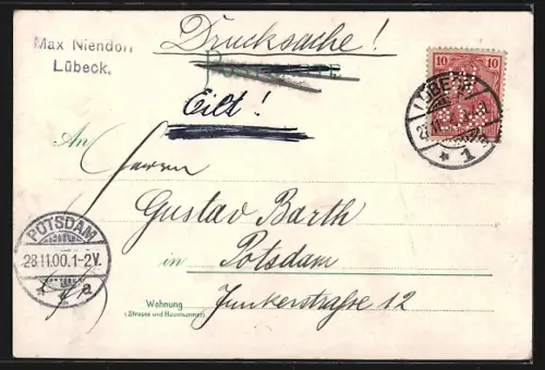 Lithographie Lübeck, Treppe am Rathaus, Herbstliches Panorama