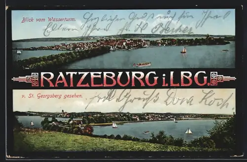 AK Ratzeburg i. Lbg., Blick vom Wasserturm, Teilansicht v. St. Georgsberg gesehen