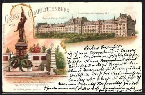 Lithographie Charlottenburg, Kaserne d. Königin Elisabeth u. d. Garde Grenadier-Regiments No. 3, Denkmal a. d. Hofe