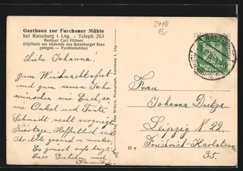 AK Ratzeburg i. Lbg., Gasthaus zur Farchauer Mühle Carl Hübner